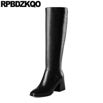 

plus size boots winter black autumn chunky long 10 2019 luxury brand shoes women vintage high heel tall big square toe 11 knee