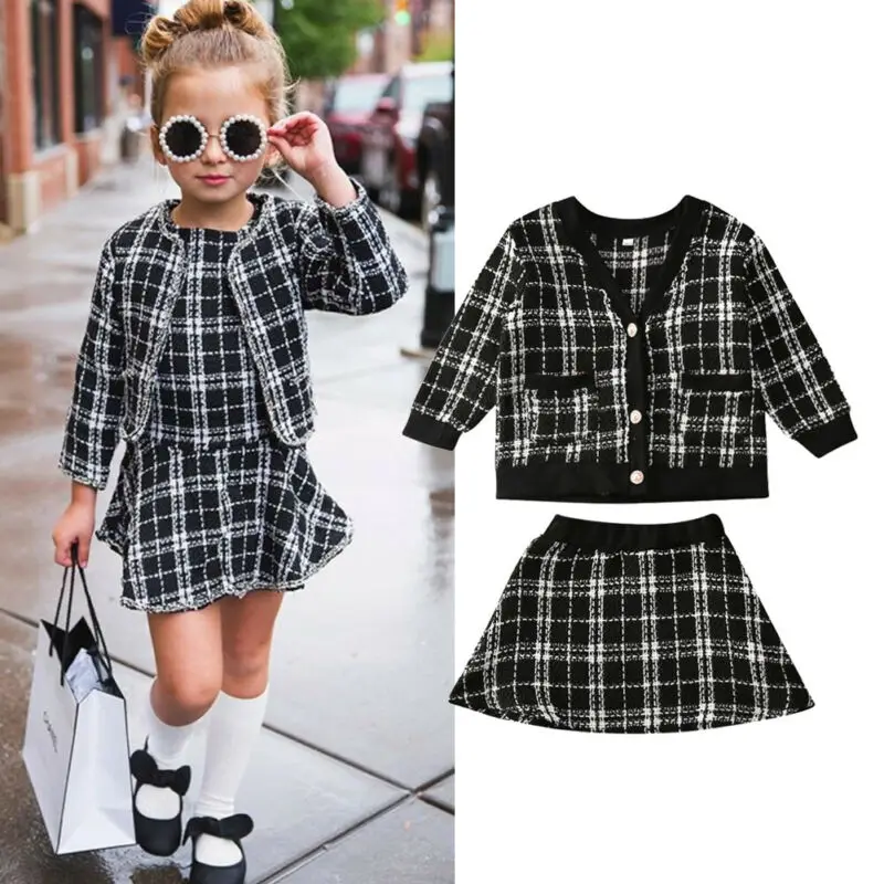  Kids Spring Winter Party Suit 2020 Baby Girl Clothes Plaids Tops Coat Skirt Children 2pcs Princess 