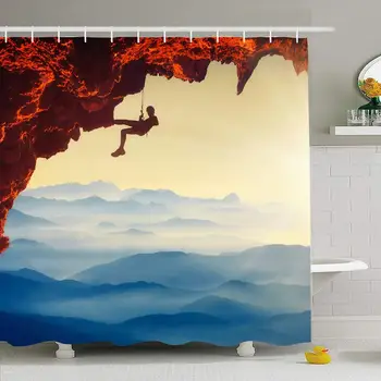 

Shower Curtain Set with Hooks 72x72 Rope Motivation Silhouette Climber On Success Hiker Cliff Over Achievement Challenge Foggy
