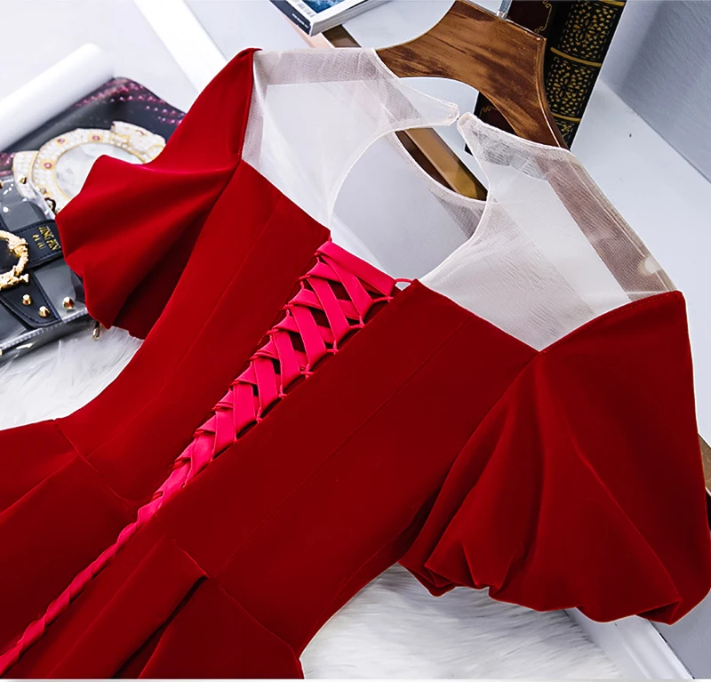 WLN18509 janceber коктейльные платья с коротким рукавом Иллюзия o-образным вырезом длиной до колена на шнуровке сзади простое красное платье vestidos de cerimónia