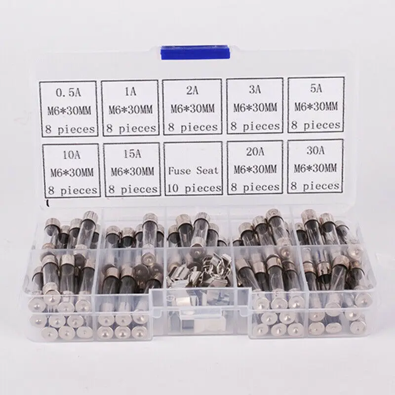 

250V 6x30mm 0.5A-30A Glass Tube Fuses Assorted Kit With 10x Fuse Holder Durable
