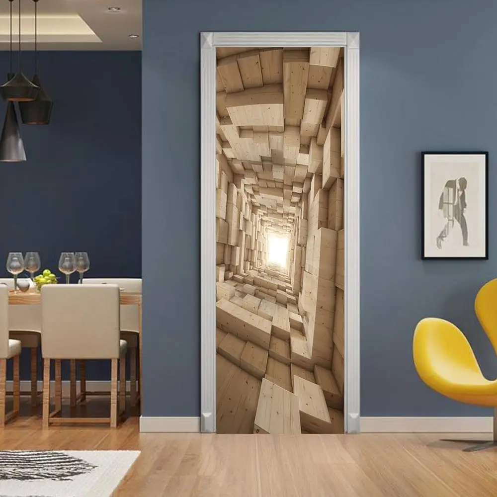 3D Door Sticker Self Adhesive Decal Wood Solid Stereo Space Picture Home Decor Waterproof Environmental Protection Print Artwork