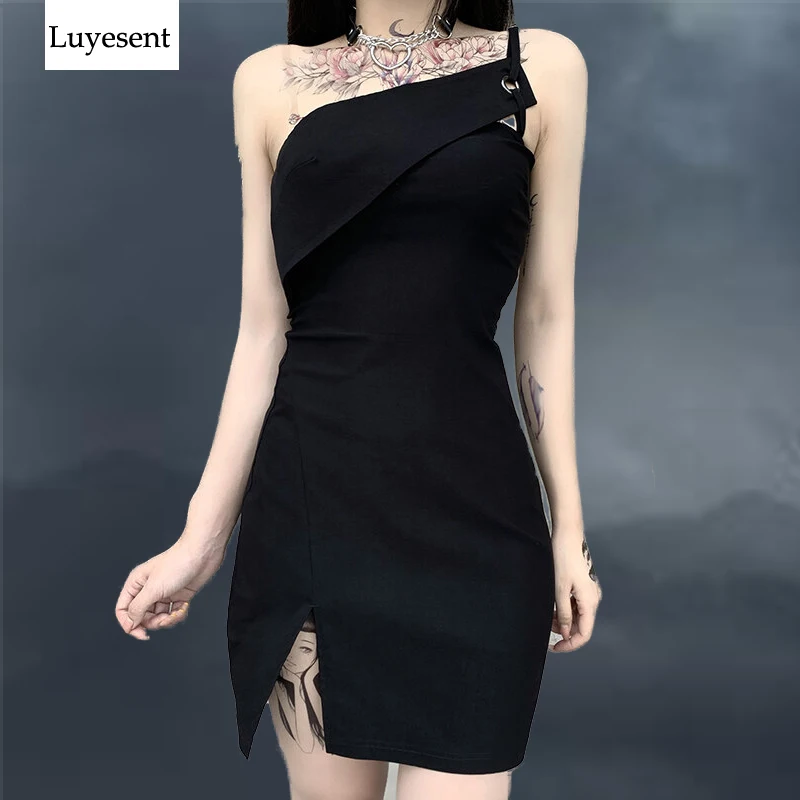Black Goth Cool Lady Mini Dress Lady Sleeveless Asymmetry Skew One Side Eyelet Strap Split Hip Empire Backless 2020 Sexy Dresses