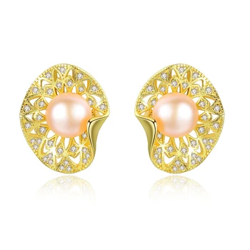 

S925 sterling silver freshwater pearl ladies hollow inlaid 3A zircon earrings