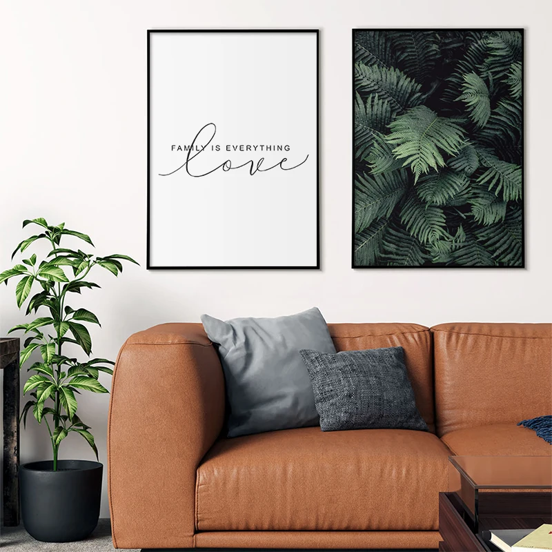 

Family Simple Quote Picture Green Leaves Poster Wall Art Canvas Painting Nordic Style Modern Print for Living Room Home Decor