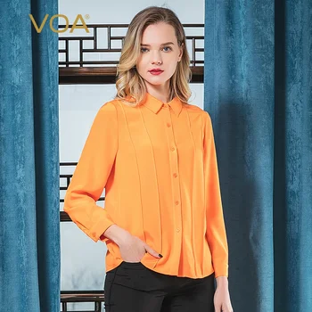 

VOA silk 36mm meter micro-elastic orange heavy collar Yuk pleated single-row multi-button loose long-sleeved shirt women B9538