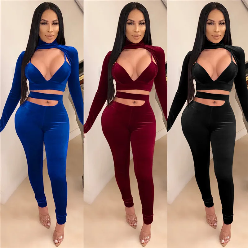 Two-Piece Suit Spring Tracksuit Sets Womens Outfits Sexy Club Set Gold Velvet Short Top + Hollow Long Pants Ropa Mujer Подходить |
