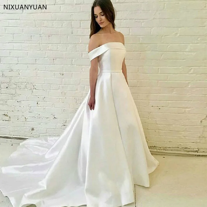 Wit Ivoor Trouwjurken Off Shoulder Een Lijn Hof Trein Bruidsjurken Custom Made Vestido De Noiva Wit Ivoor Trouwjurken Off Shoulder Een Lijn Hof Trein Bruidsjurken Custom Made Vestido De Noiva