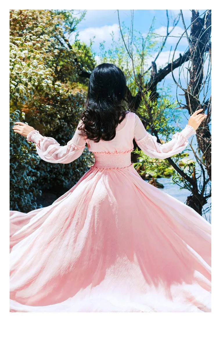 Шифоновое платье в стиле ретро с длинным рукавом, с высокой талией, с большим подолом, однотонное, осеннее, новое, стильное, элегантное, сказочное, чайное, Qinghai, озеро, праздник Sk