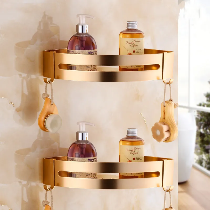 

Gold Aluminum Bathroom Hardware Corner Shelf With Hooks Shower Gel Rack Shampoo Caddy Holder Wall Mounted Nail Punched Basket