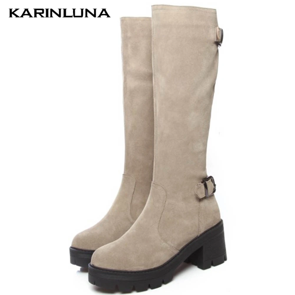 

Karinluna 2019 Brand Winter Top Qaulity Cow Suede Shoes Woman Riding Boots Women Chunky High Heels Knee High Boots Female Shoes