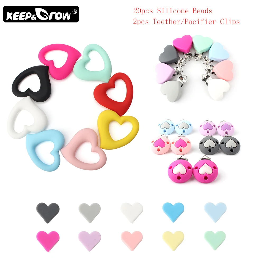 

Keep&Grow Heart Shaped Silicone Beads Food Grade Baby Teethers Metal Pacifier Clips Silicone Teething Necklace Nursing Toy