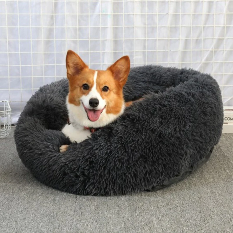Мягкий длинный плюшевый лежак для питомца круглая кровать собаки домик подушка