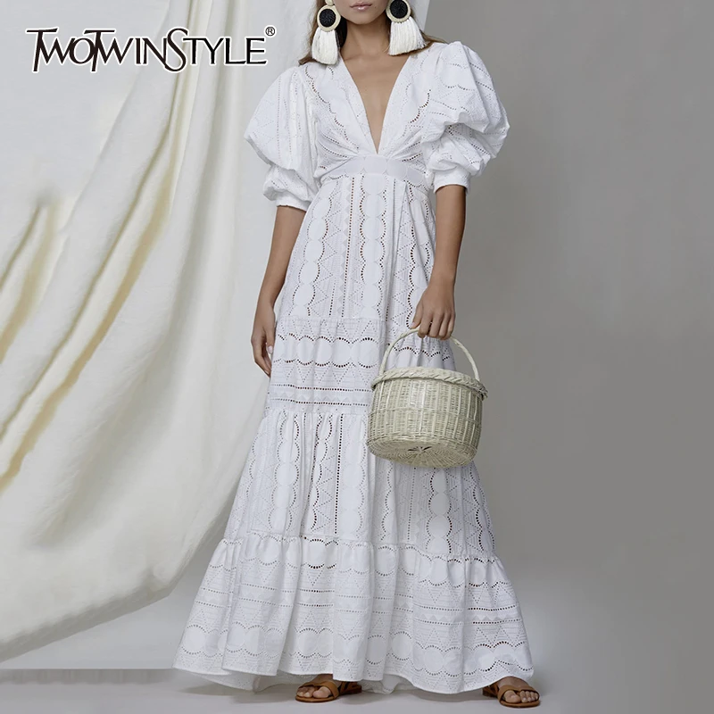 TWOTWINSTYLE Elegant Lace Summer Dress Women V Neck Lantern Half Sleeve High Wiast Ruched Hollow Out Dresses For Female Fashion TWOTWINSTYLE Elegant Lace Summer Dress Women V Neck Lantern Half Sleeve High Wiast Ruched Hollow Out Dresses For Female Fashion