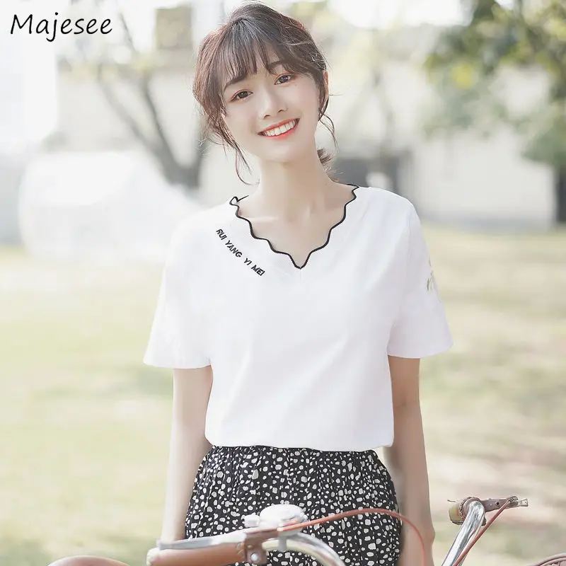 YANG-YI Womens Basic Shirts Solid Color V Neck Blouse T Shirt Tops Elegant Short Sleeve Tops 