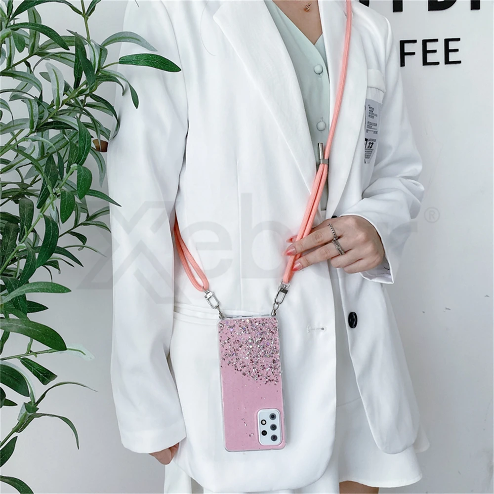 Crossbody Lanyard Strap Glitter Cell Phone Case with Silicone Cover