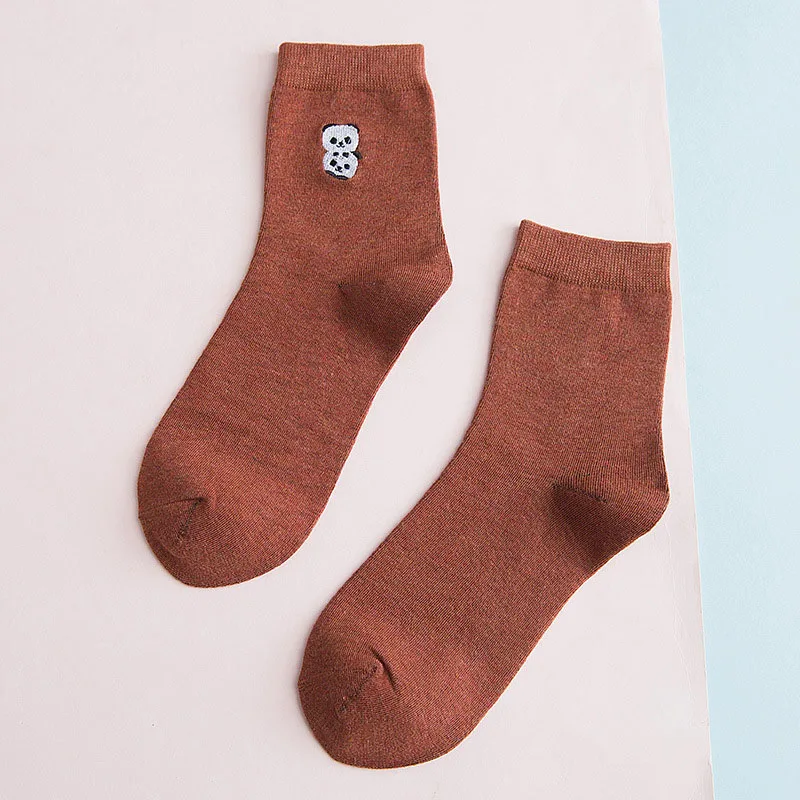 Синий Women Cotton Socks All Seasons Fashion New Embroidered Cartoon Animal Mid Tube Ladies College Style Short Sock AA07 - Цвет: Синий