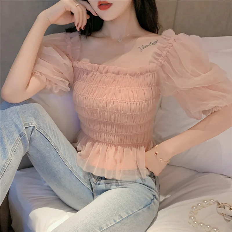 Summer Mesh Blouses Women Sweet Puff Sleeve Gauze Blouses Ladies Elegant Shirt Tops Square Neck Ruffle Ruched Chiffon Pink Top 3