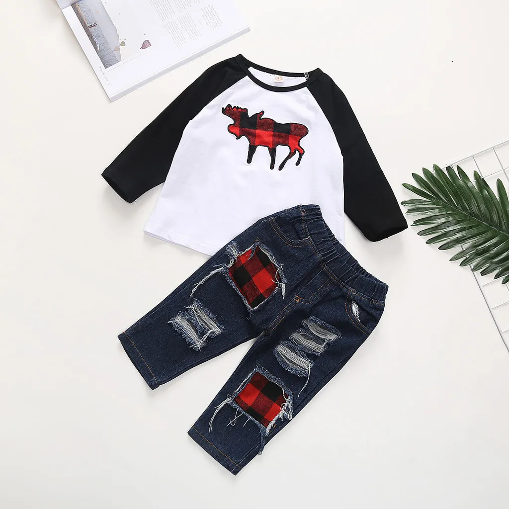 Рождественский наряд; одежда для маленьких мальчиков; топы с рисунком оленя; джинсовые штаны; детская зимняя одежда; хлопковая одежда с длинными рукавами; roupa infantil