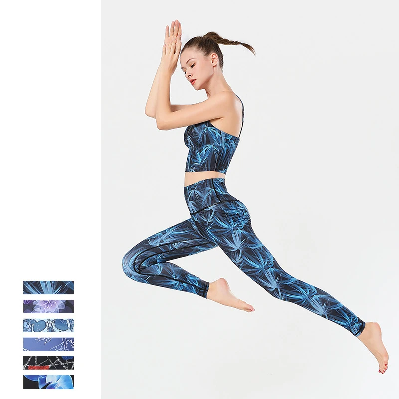 

2 Piece Women Print Yoga Sets Running Jogging Workout Gym Sport Suit Seamless Quick Dry Crop Top Leggings Fitness Set