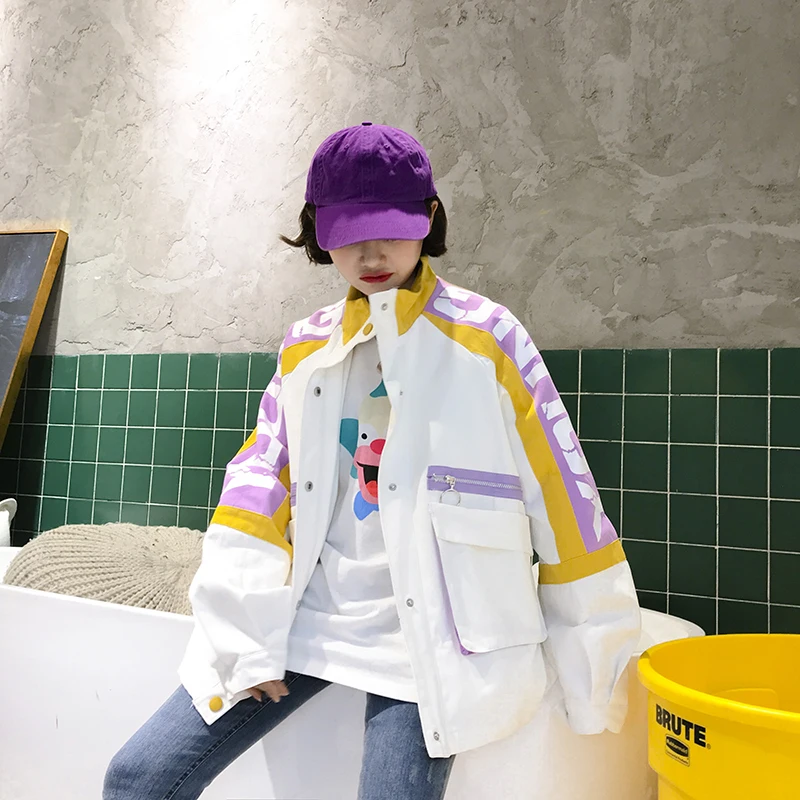 Мода письмо печати Harajuku случайный белый черный корейской версии бойфренда супер большой свободная куртка осенняя куртка женская куртка женская