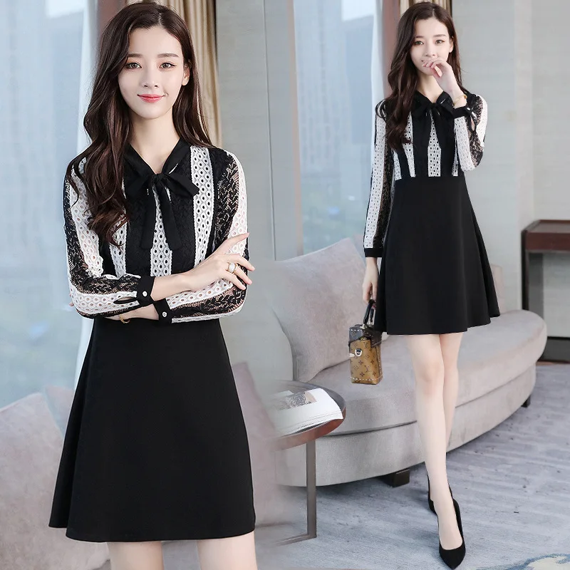 

2017 Autumn And Winter New Style Korean-style Fashion Slimming Long Sleeve Lace Joint Fashion Large GIRL'S Dress