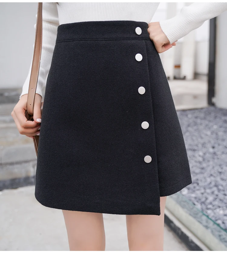 Зимняя женская юбка-шорты, новинка, цвета хаки, черный, высокая талия, кашемировая юбка-трапеция, корейский стиль, женские мини юбки 6056 50