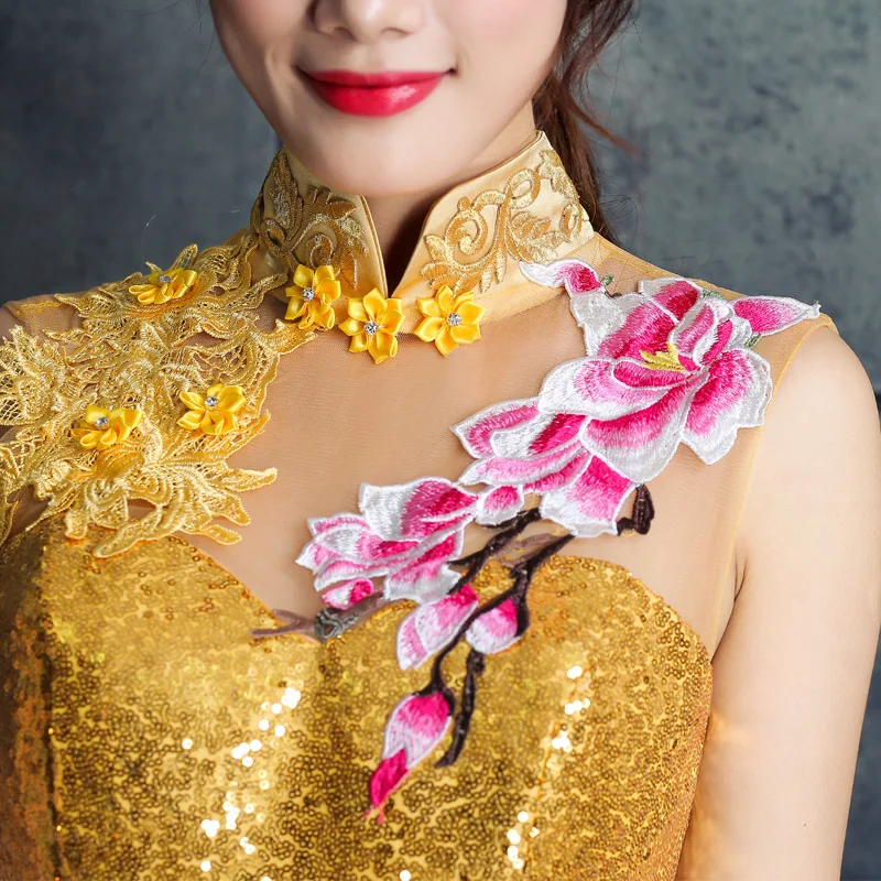 Темно-красный Для женщин Русалка Cheongsam Длинные вечерние платья с воротником «Мандарин», элегантный блесток выпускного вечера благородные, вечерние бальное платье Vestido XS-3XL
