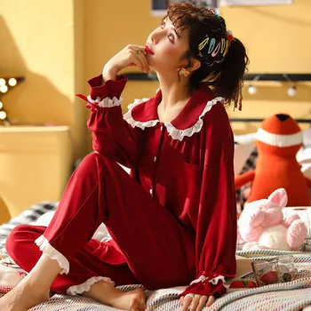 

SP&CITY Vintage Turn-down Collar Red Pajamas Women Lace Ruffles Sleeve Sexy Home Wear Suit Soft Comfortable Princess Sleepwear