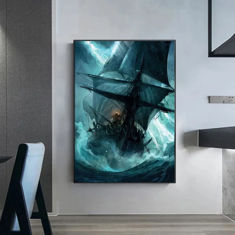 

Pirate Ship In The Sea Canvas Painting Black Sailing Vintage Poster and Ship Wall Art Living Room Decoration Quadro home decore
