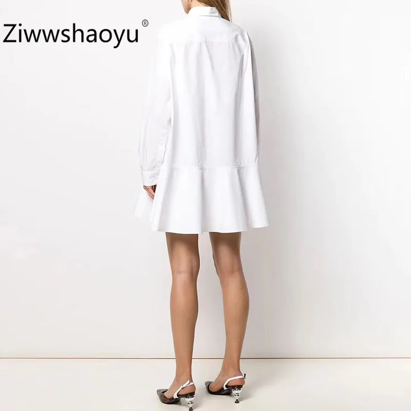 Ziwwshaoyu дизайнерские женские осенние повседневные свободные хлопковые короткие платья с длинным рукавом пара печати рубашка с оборками платья