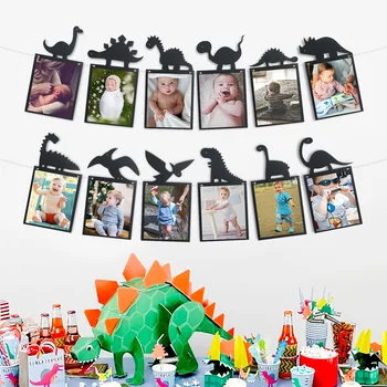 

Dinosaur party happy birthday flag pulling children's Birthday Photo personalized DIY Banner Party Decoration black