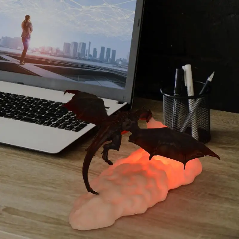 Светодиодный ночной Светильник 3D печать креативный летающий дракон пламени