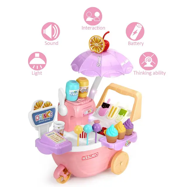 US $15.94 35PCS Ice Cream Trolley Toy With Lights Music Girl Candy Cart Toy Supermarket Shopping Pretend Play