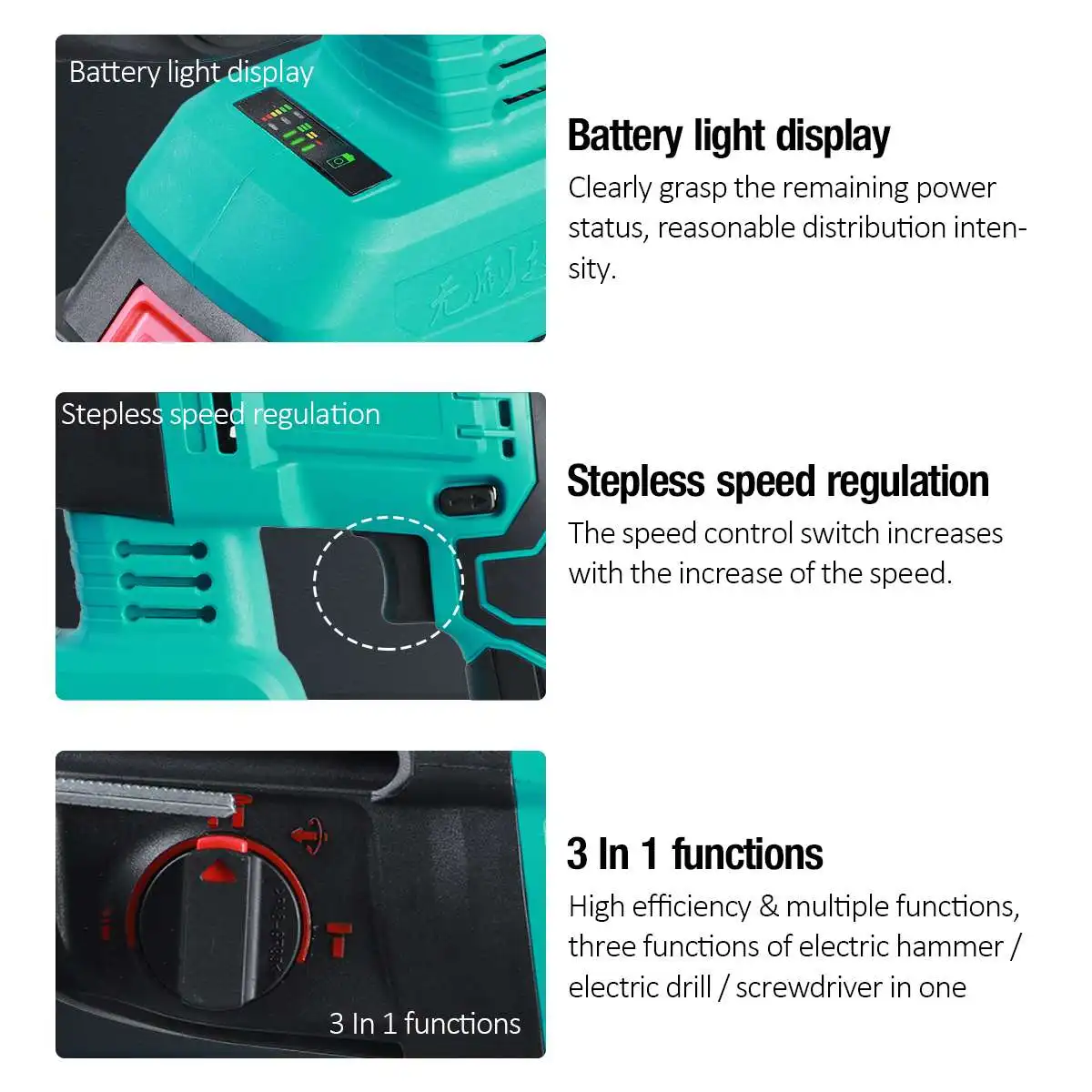 US $118.25 Brushless Electric Rotary Hammer Rechargeable Multifunction Electric Hammer Impact Power Drill Tool with 2 Battery amp Charger