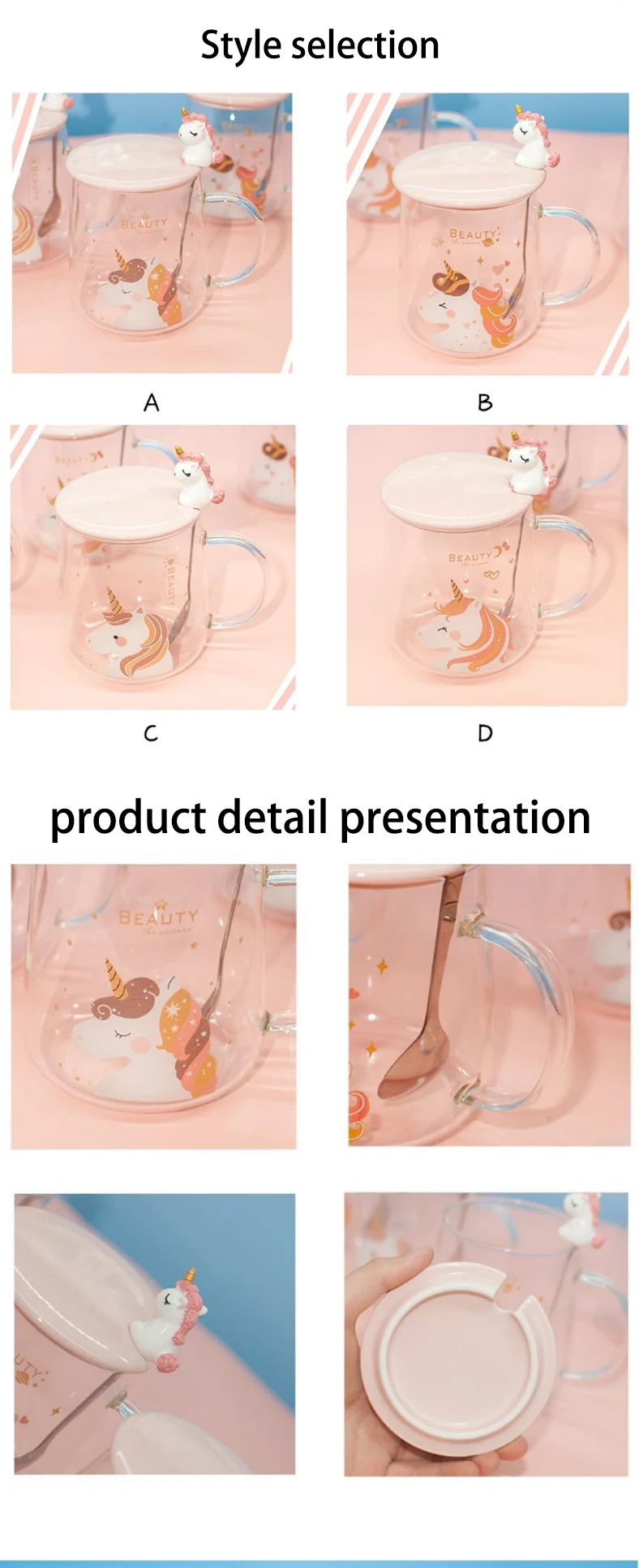 Cute unicorn transparent glass cup with lid spoon