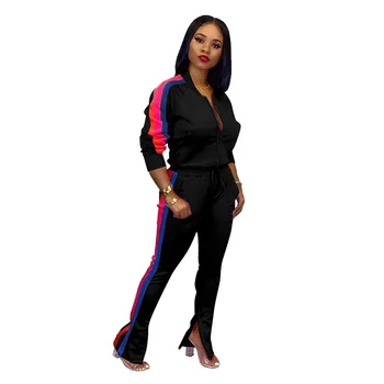 

2 Piece Set Women Fashion 2019 Women's Autumn New Solid Color Trousers Zipper Stitching Fashion Casual Tracksuit For Women