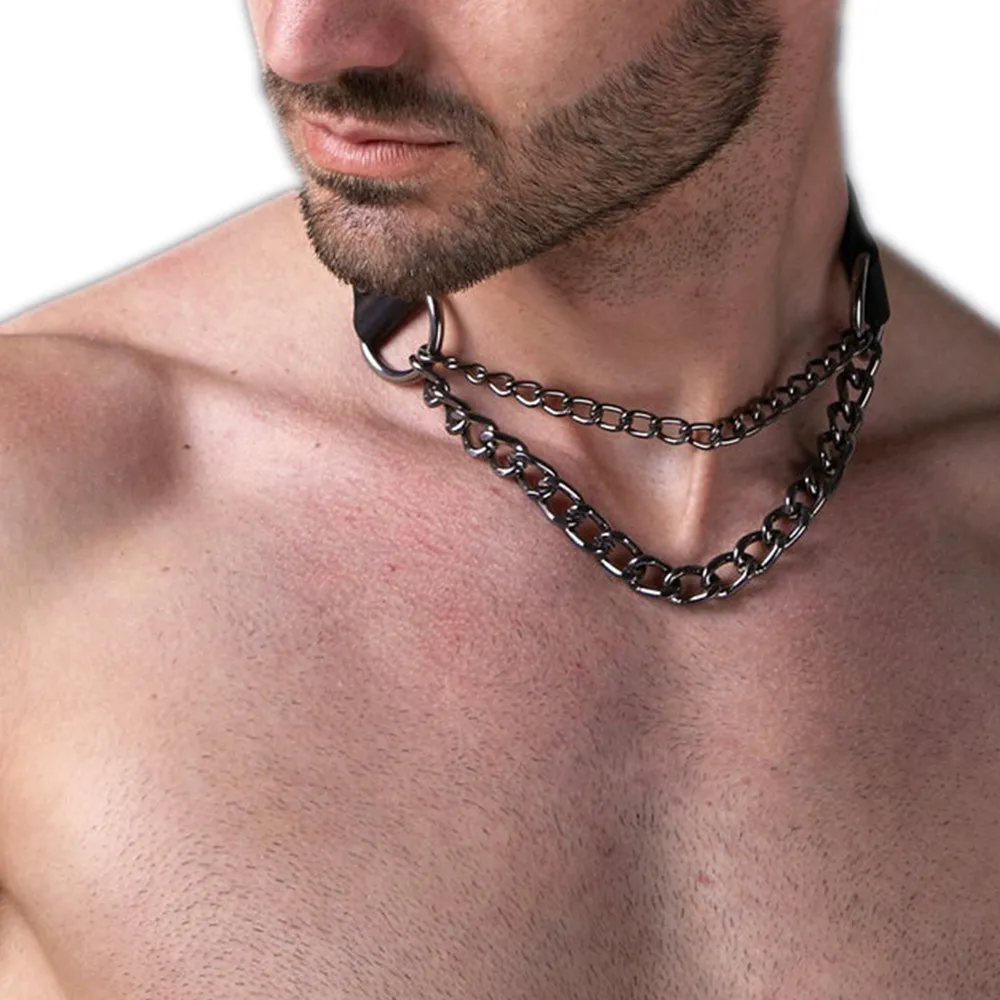 Man Harness Chain Collar Pu Leather 