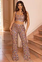 

Women 2pcs Clothes Set Clothing Suit Sequins Embroidered Stitching Sexy Sleeveless Top Square Neck + Full Length Pants