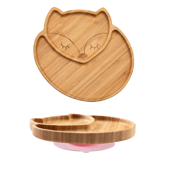 1PC Bamboo Wooden Dinnerware Baby Feeding Accessories Cartoon Animals Elephant Dinner Plate With Sucker Baby Products Gifts Fox pink