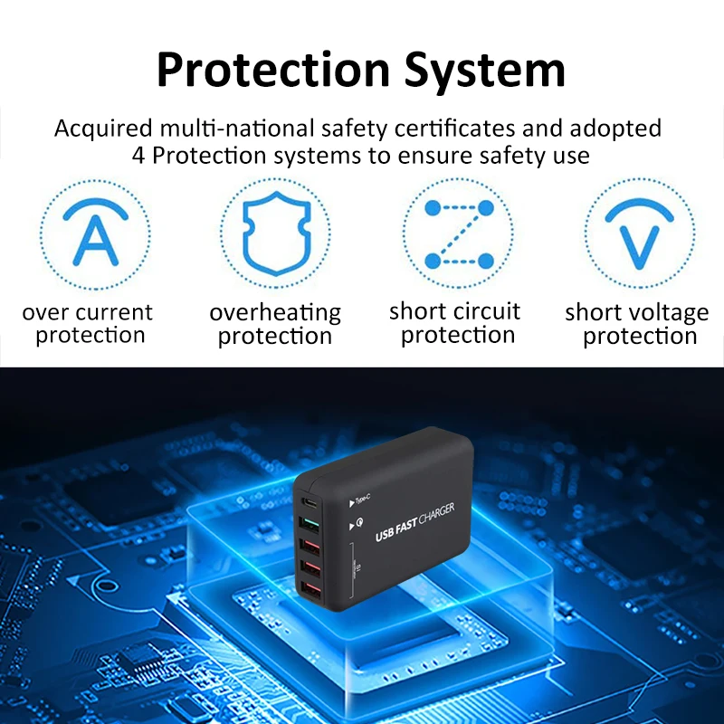Быстрая USB Зарядное устройство QC3.0 Тип C 60 Вт 5 Порты и разъёмы интеллигентая (ый)