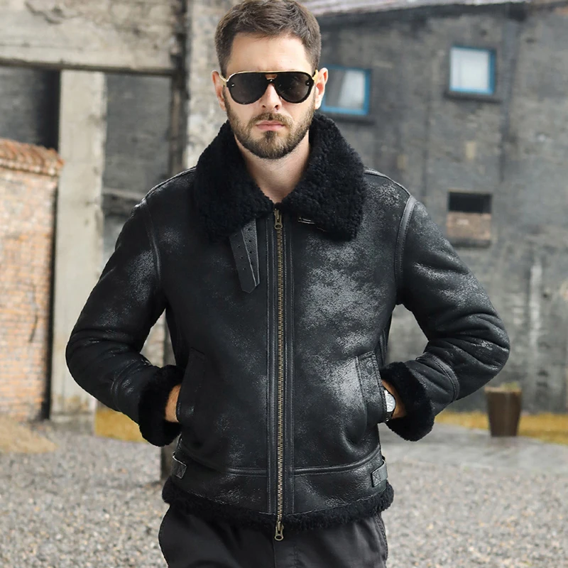 

New Mens B3 Shearling Jacket Black Leather Jacket Short Fur Coat Fashion Motorcycle Jacket Thicken Sheepskin Coat