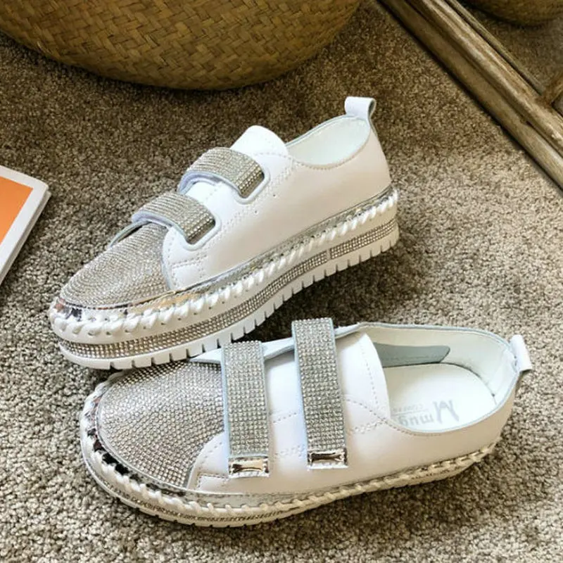 

Women Flat Shoes Platform Rhinestone Autumn Loafers Ladies Hand Sew Elastic Band Moccasin Fashion Shoes Female Casual Comfort