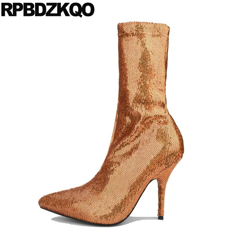 

crossdresser gold glitter boots sequin big size 12 44 pointed toe 13 45 stiletto mid calf high heel luxury brand shoes women new