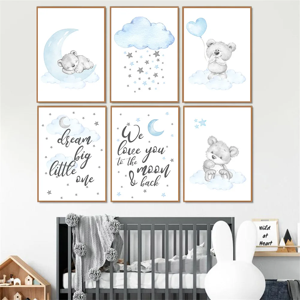 

Blue Moon Cloud Print Art Painting Baby Bear Canvas Poster Nursery Wall Art Prints Child Nordic Wall Pictures Kids Room Decor