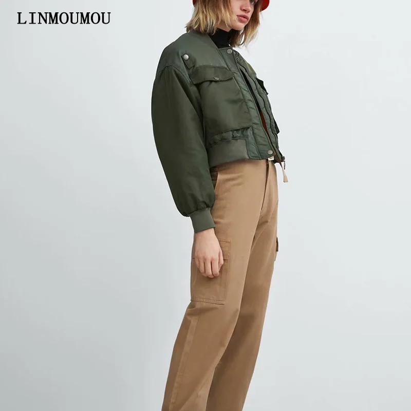 

Winter warm thick ladies coat solid color long-sleeved zipper coat double pocket flight jacket style cool short cotton suit