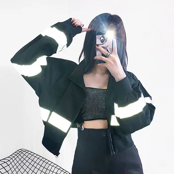 

Reflective Female Jacket Casual Sport Loose Overcoat Hip Pop Streetwear Short Cargo Coat Patchwork Outwear Women Zipper Crop Top