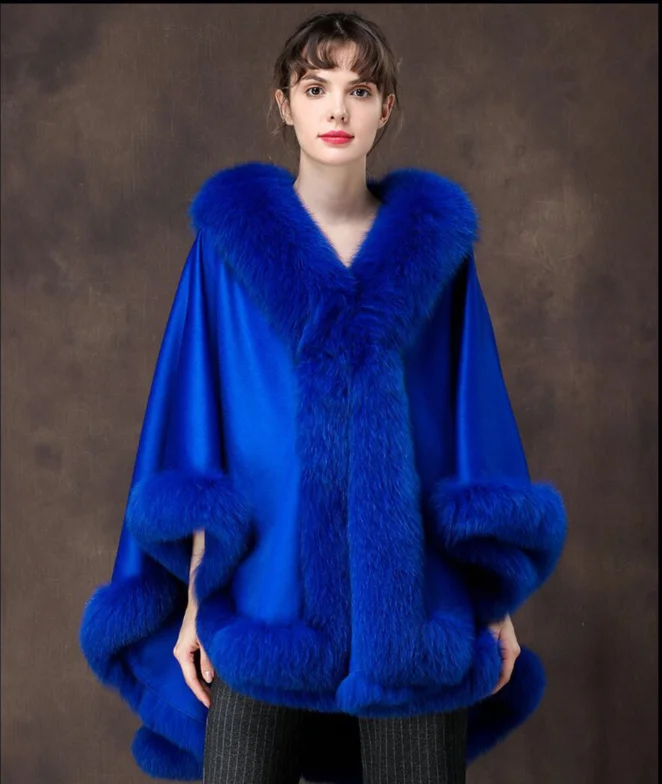 Royal Blue Женская накидка из натурального меха лисы и кашемира для свадебной вечеринки - Цвет: Royal Blue