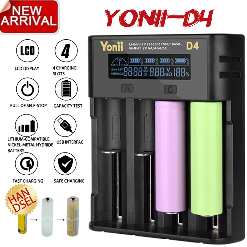 Yonii-D4 ЖК 18650 Батарея Зарядное устройство 4 слота для 18650 21700 26650 литиевая батарея AA AAA никель-металл-гидридного Батарея как Мощность банка