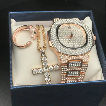 

Men Luxury Watch & Necklace & Ring Combo Set Cross Pendant Ice Out Cuban Watch Men Street Dance Gift Hip Hop Jewerly For Men